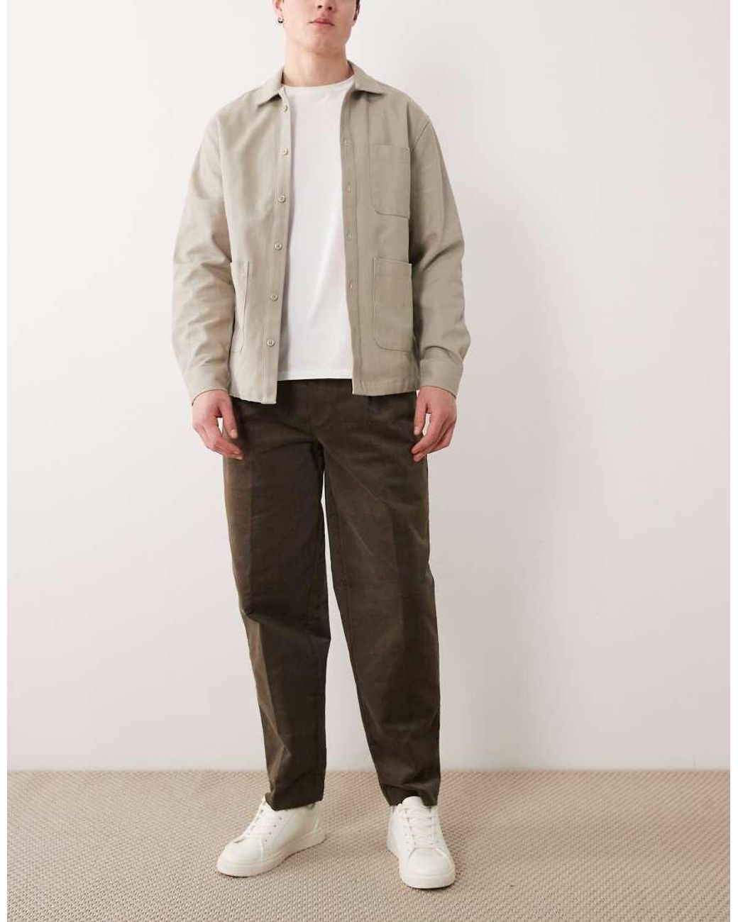 ASOS Natural Tailored Pleated Cotton Rich Oversized Tapered Trousers for men