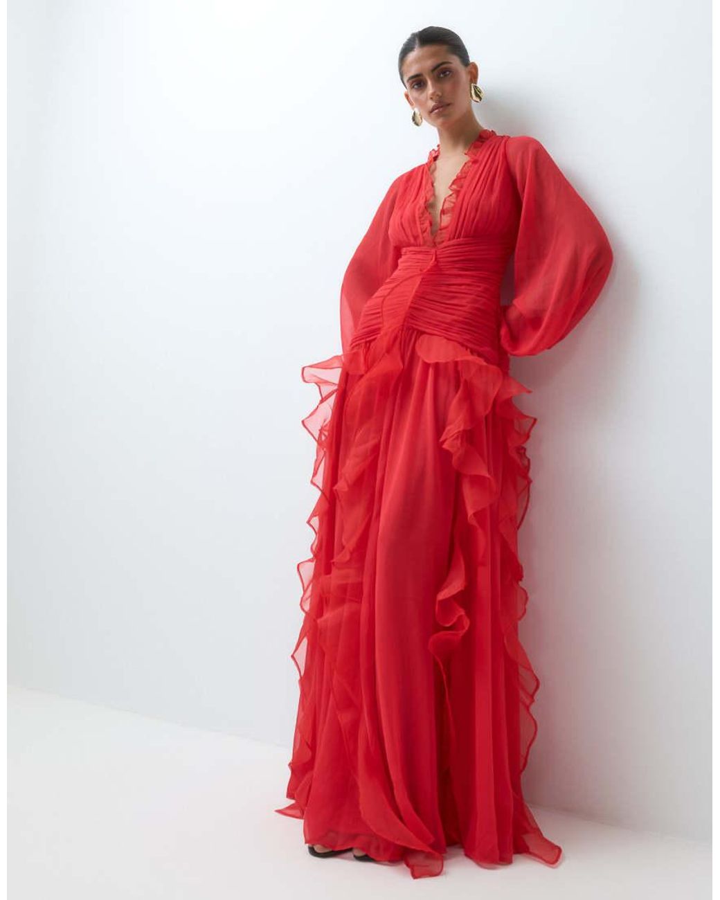 ASOS Red Ruched Long Sleeve Maxi Dress With Waterfall Detail
