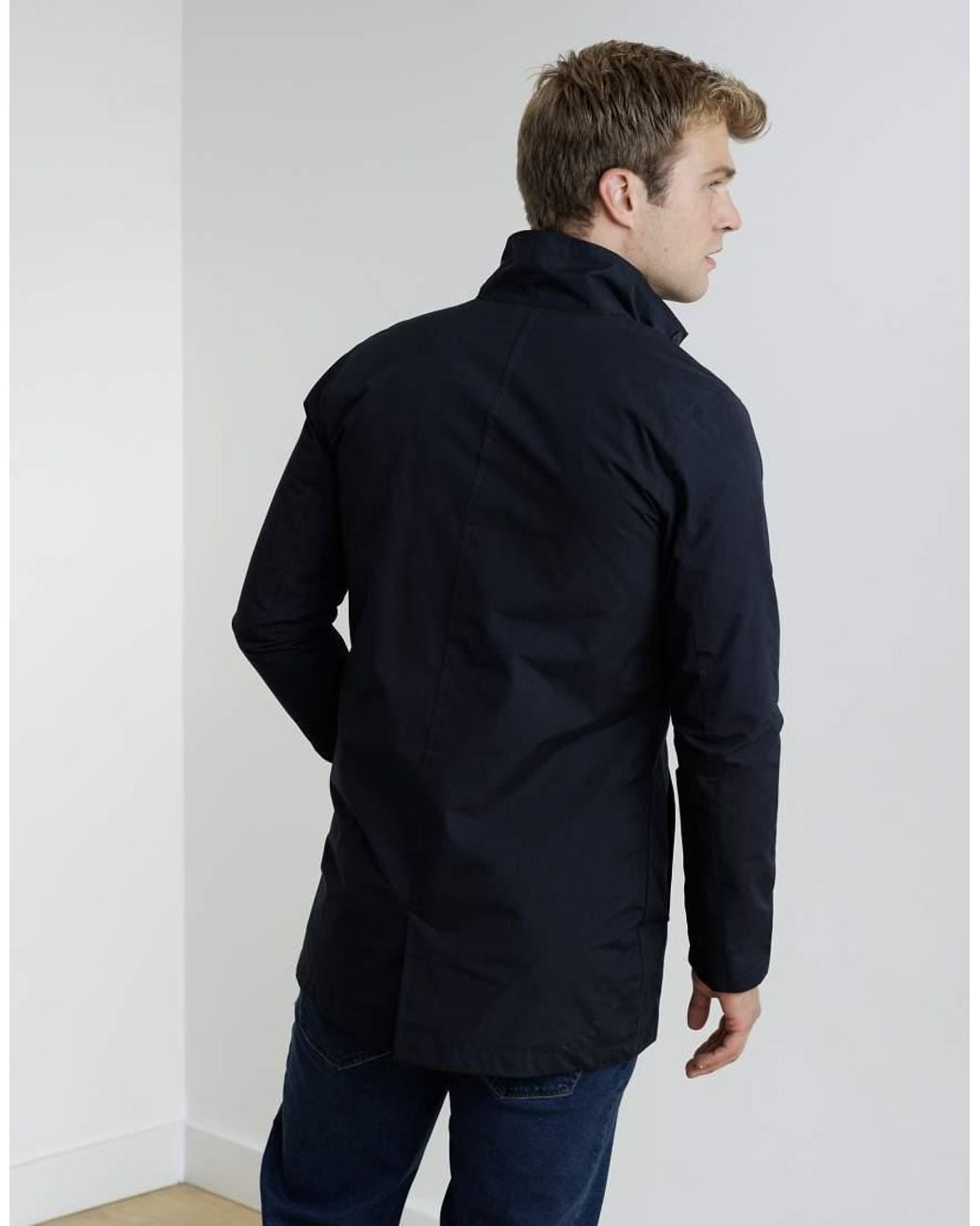French Connection Blue Mid Length Funnel Neck Mac Coat for men