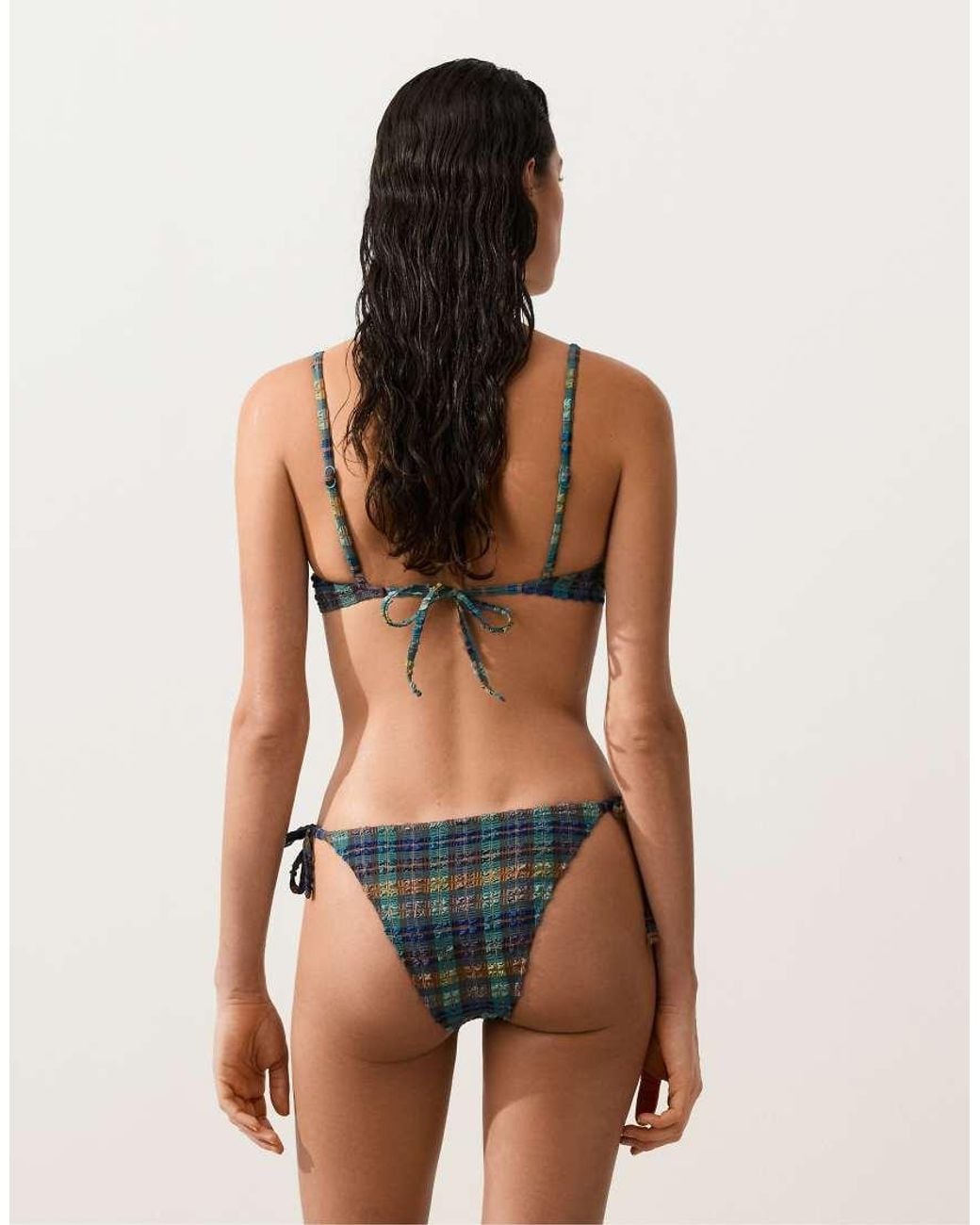 Oysho Black Checked Textured Bikini Top