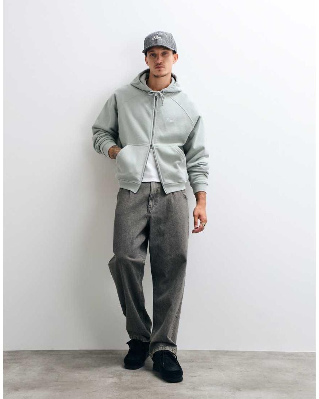 Dime Gray Heavyweight Small Logo Double Zip Hoodie for men