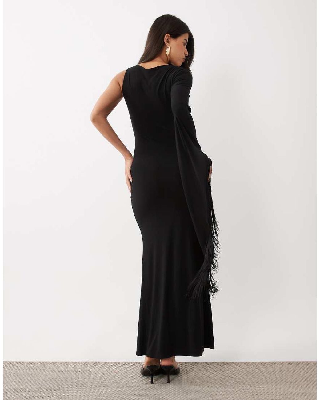 ASOS Black One Shoulder Slinky Maxi Dress With Fringe Detail And Split