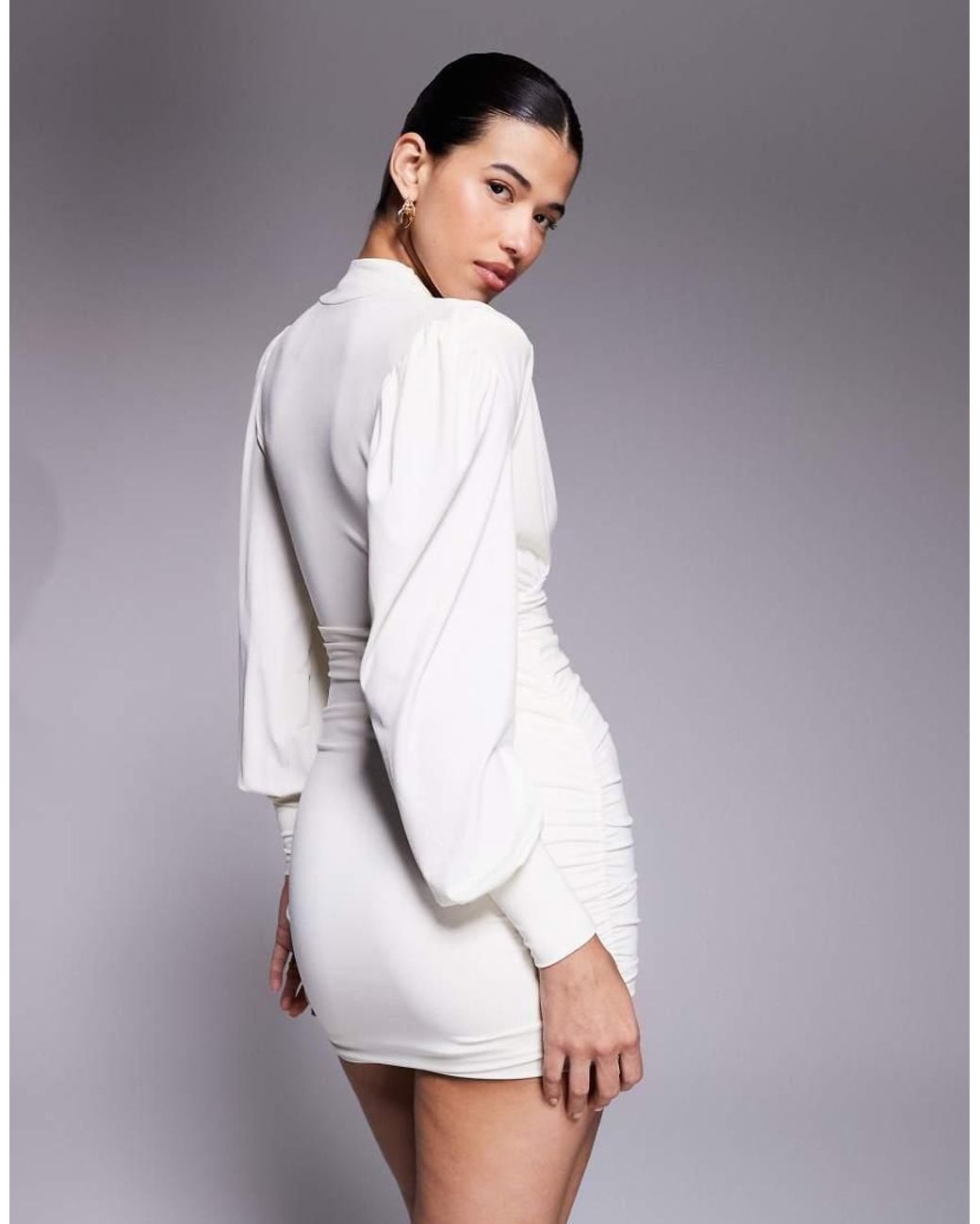 Ruched & Ready Gray Focus On Me Removable Shoulder Pad Detail Sculpting Plunge Neck Balloon Sleeve Mini Dress