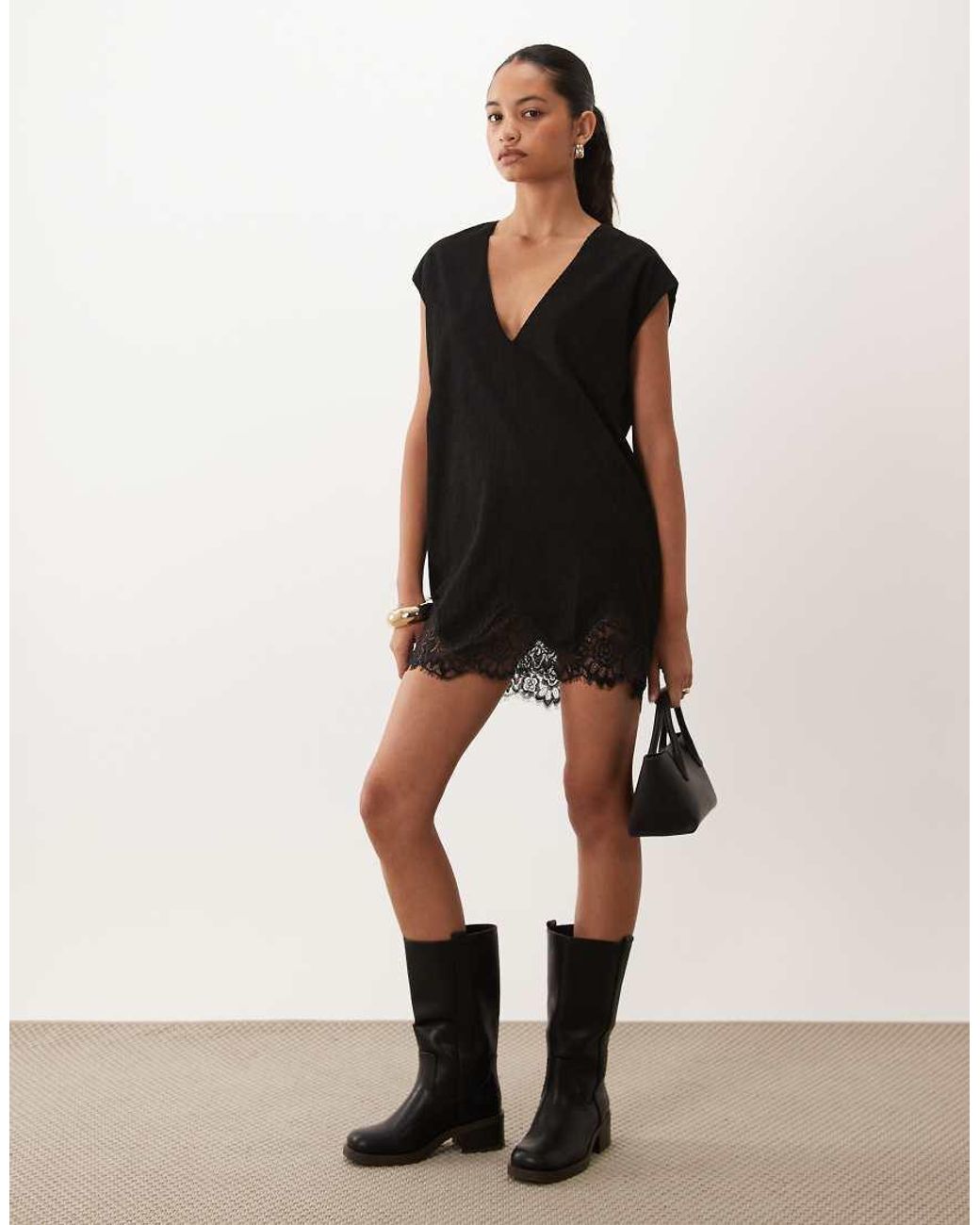 ASOS Black Cord V-neck Lace Trim Mini Shift Dress