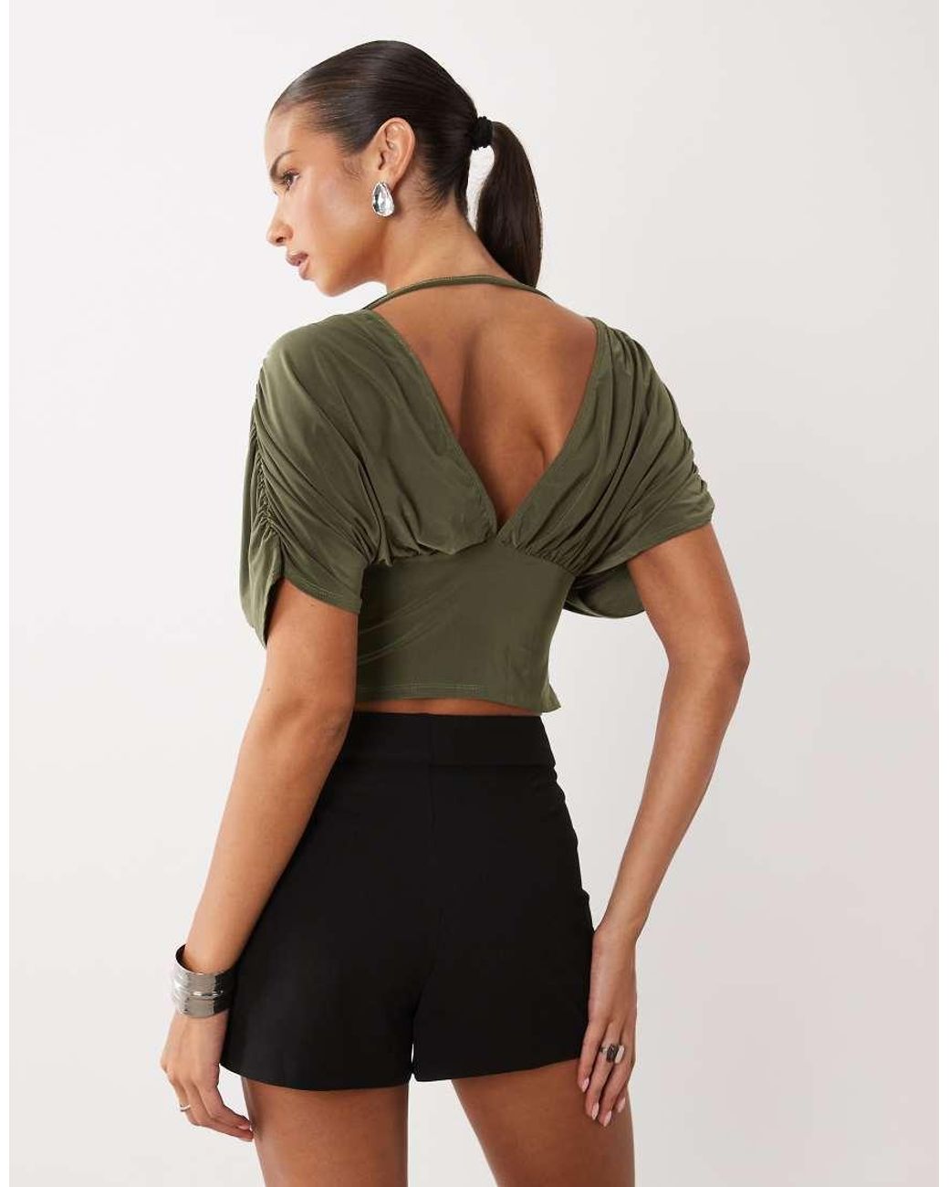 Missy Empire Green Missy Empire Slinky V Neck Batwing Top