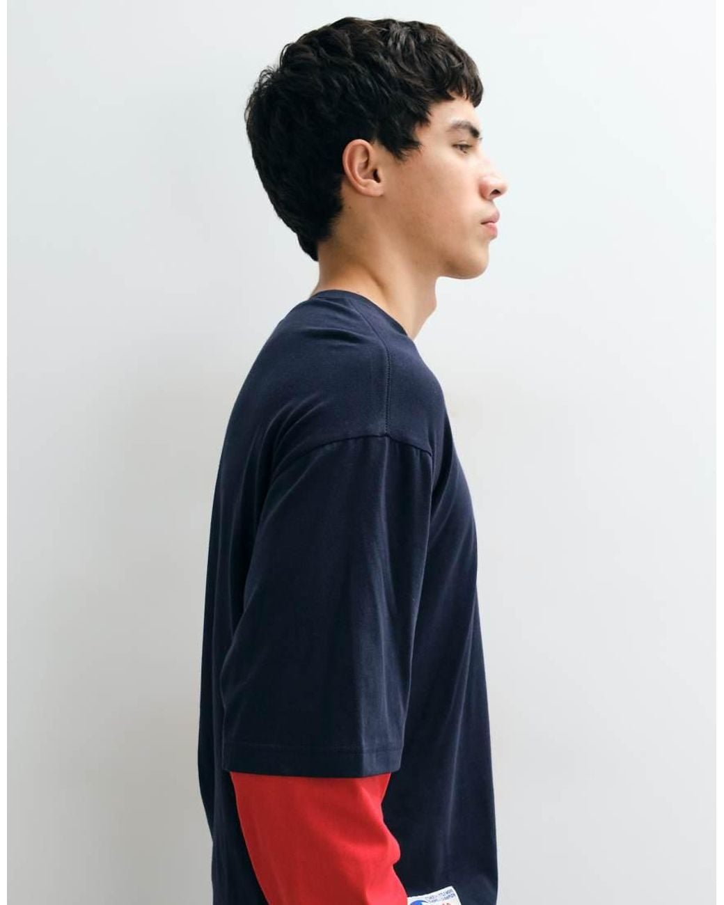 Champion Blue Long Sleeve Double Layer Crewneck T-Shirt for men