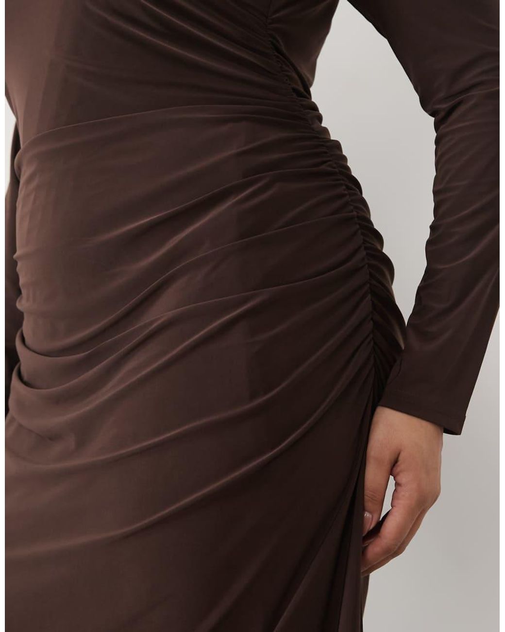 Tfnc Plus Brown Mesh High Neck Ruched Side Maxi Dress