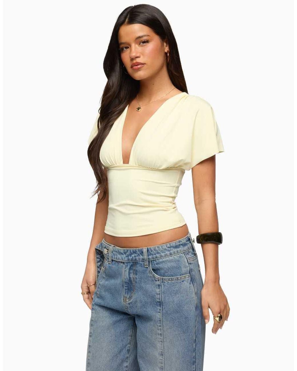 Edikted Blue Flutter Plunging V Neck Top