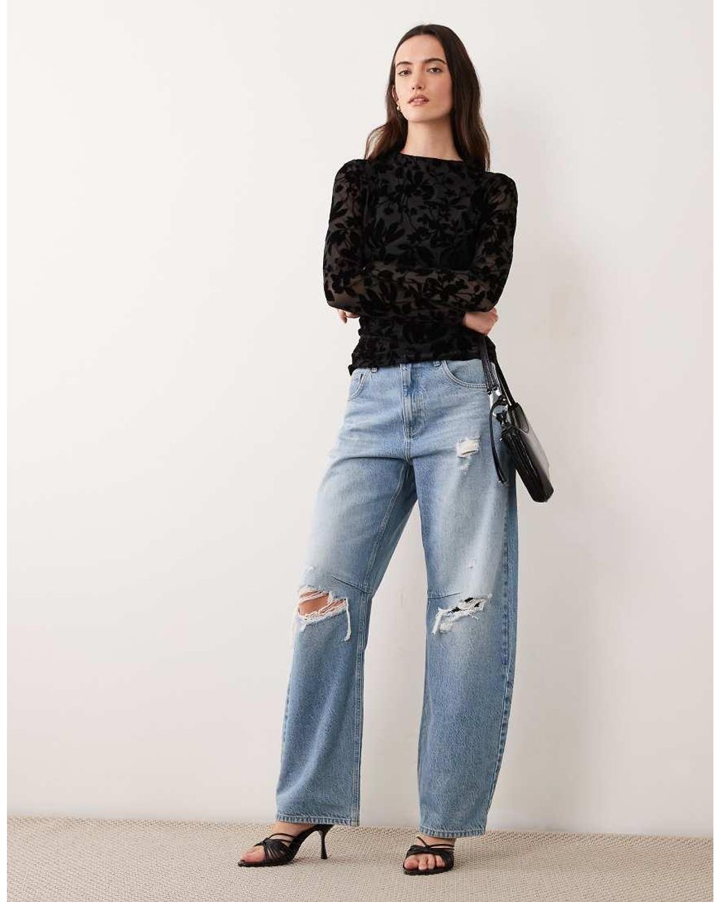 Vila Black High Neck Ruched Velvet Devore Mesh Top