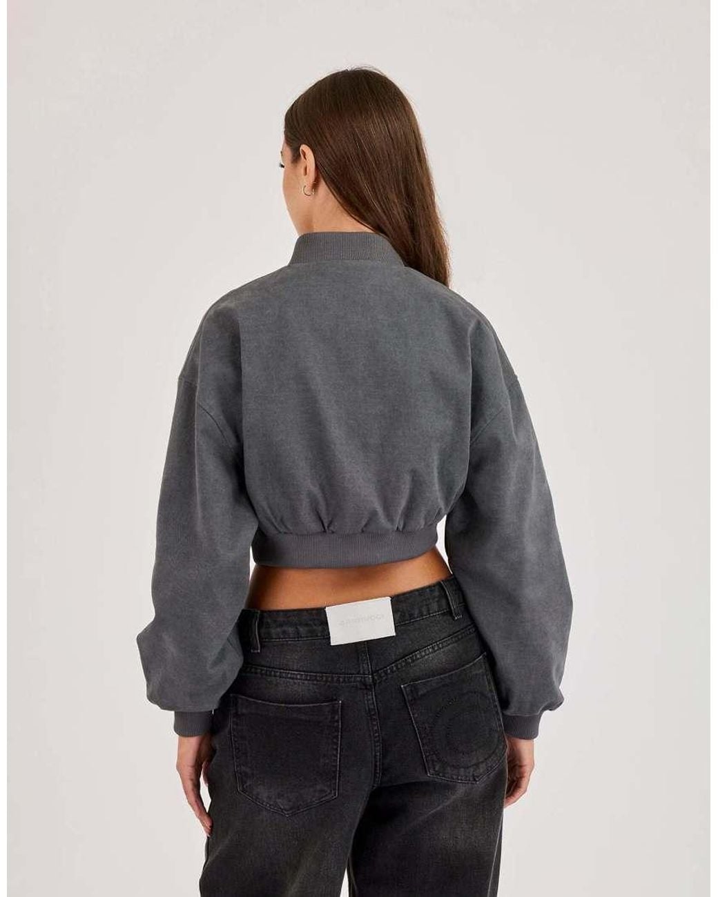CERNUCCI Gray Curved Hem Cropped Bomber Jacket