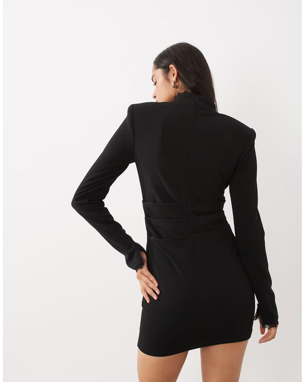 Ruched & Ready Black High Neck Lace Trim Shoulder Pad Mini Dress