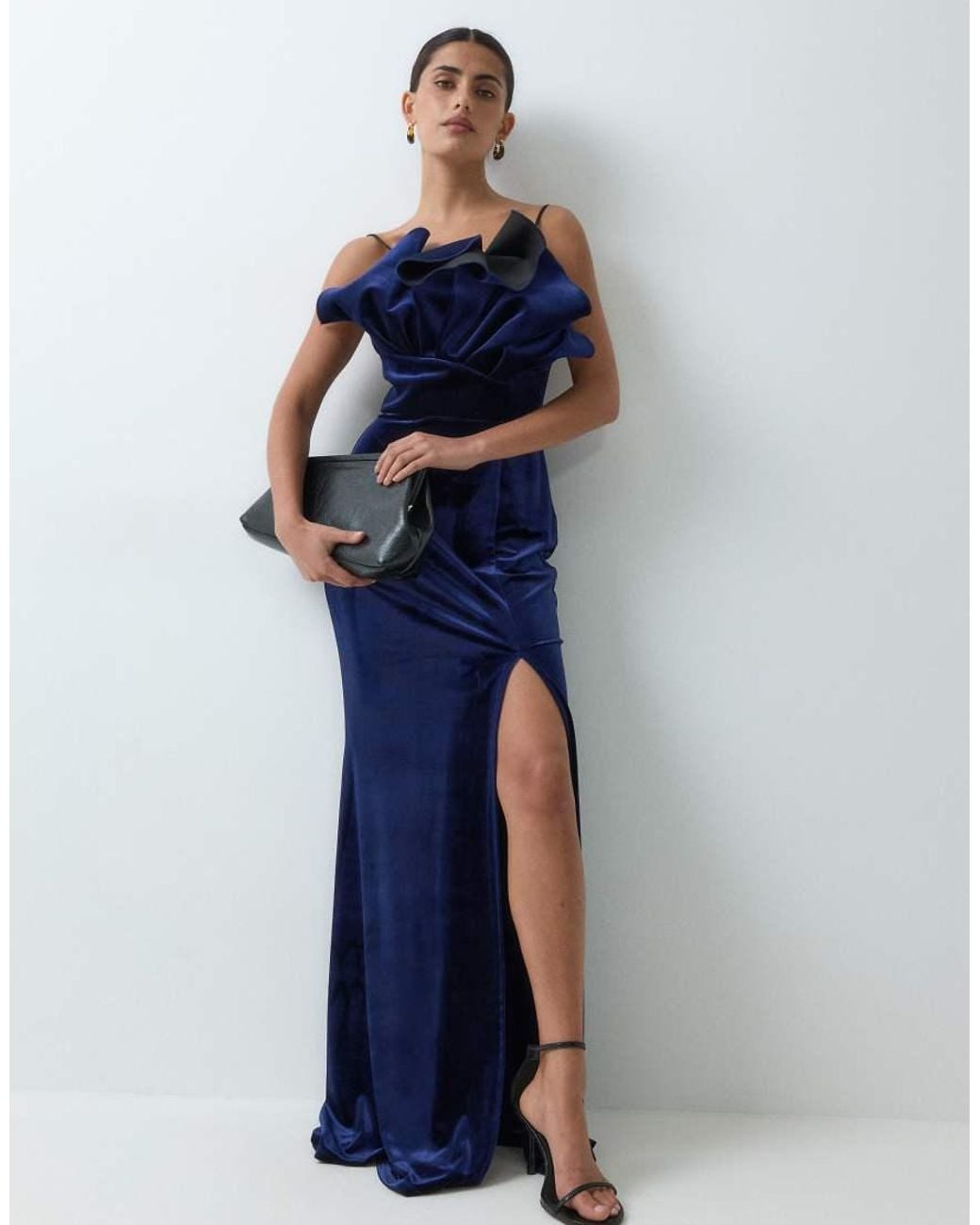 ASOS Blue Velvet Structured Neck Detail Maxi Dress With Split