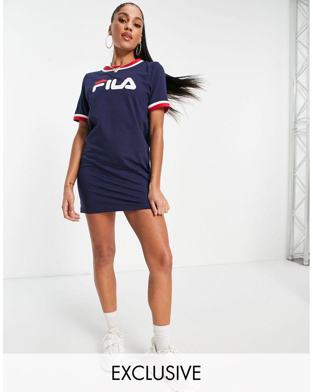 On a large scale Doctor Bee Fila Large Chest Logo T-shirt Dress in Navy (Blue) | Lyst