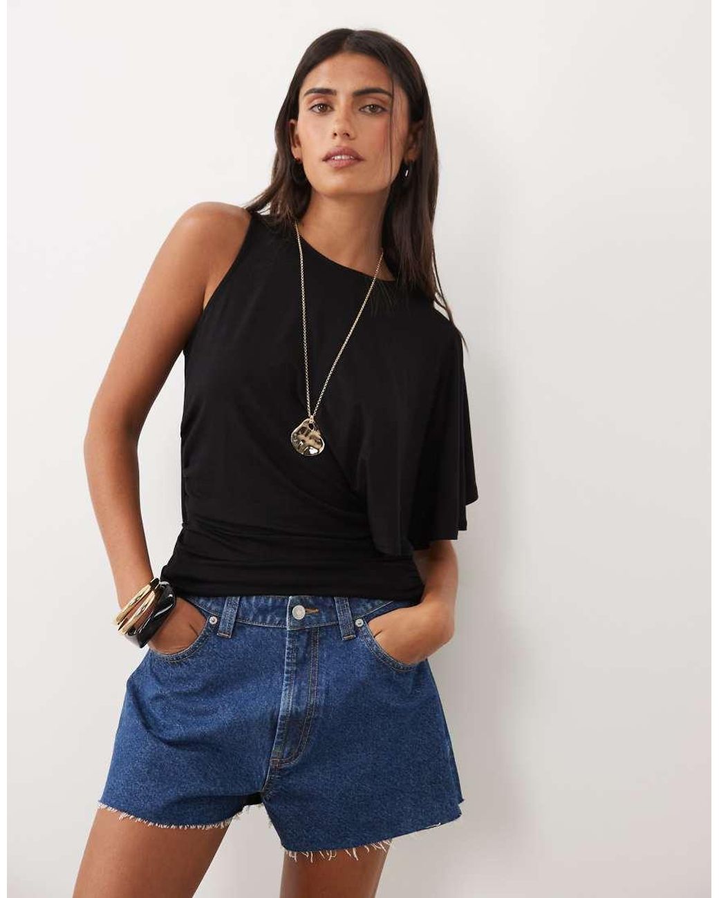 ASOS Blue One Sleeve Top With Asymmetric Drape Detail