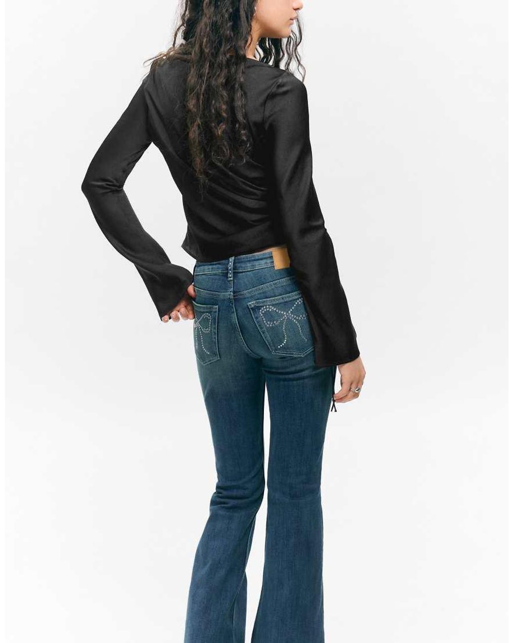 Monki Black Crinkle Satin Long Sleeve Boat Neck Top