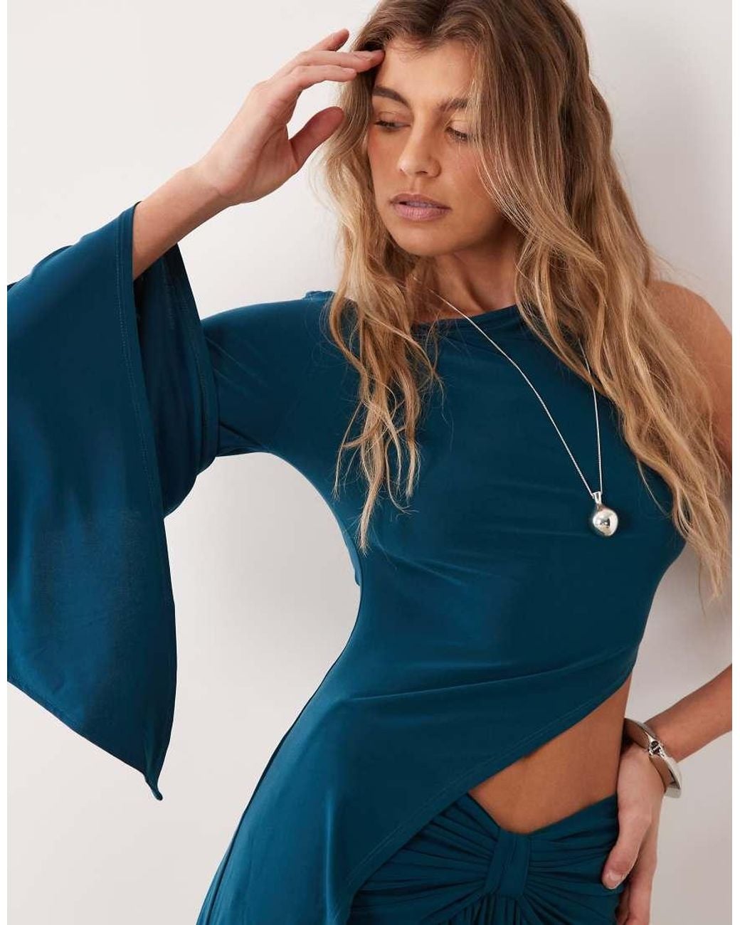 ASOS Blue Long Split Sleeve Draped Long Line Top