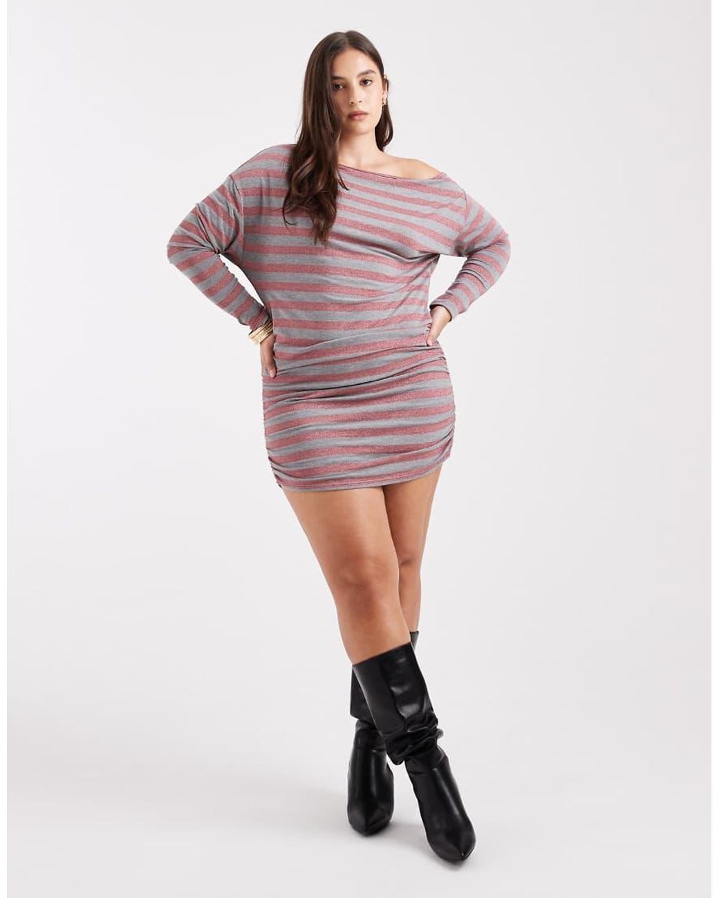 Collusion Purple Plus Stripe Off-shoulder Dress
