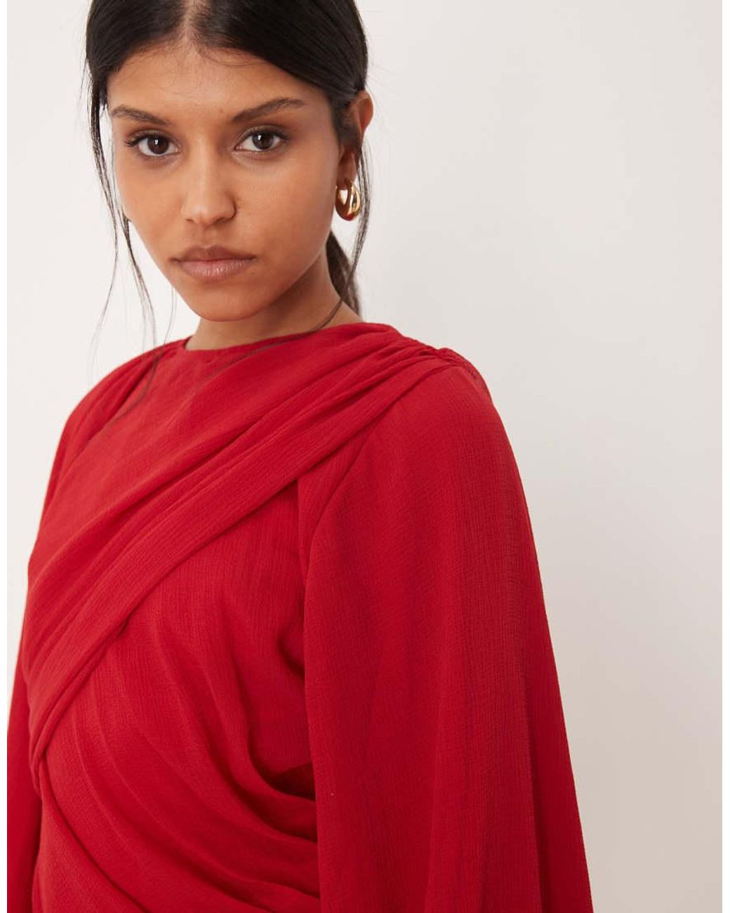 ASOS Red Drape Front Maxi Dress With Blouson Sleeves