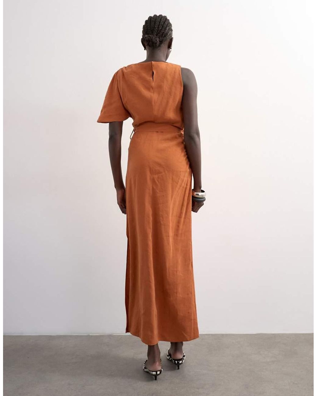TOPSHOP Orange Asym Sleeve Tie Waist Cupro Maxi Dress