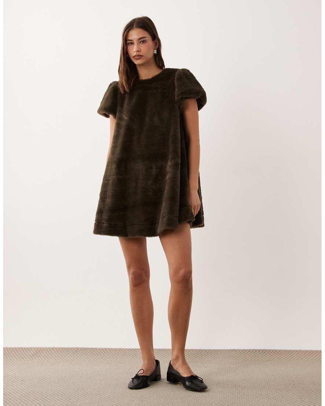 ASOS Brown Crew Neck Faux Fur Mini Dress With Puff Sleeves