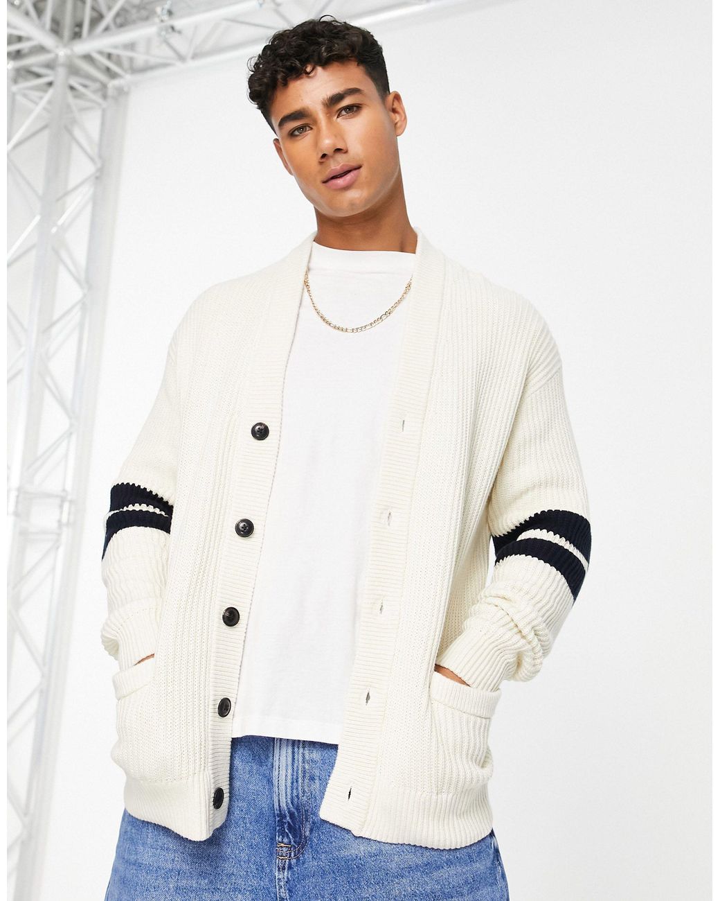 Abercrombie u0026 Fitch Preppy Stripe Sleeve Knit Cardigan in White for Men |  Lyst UK