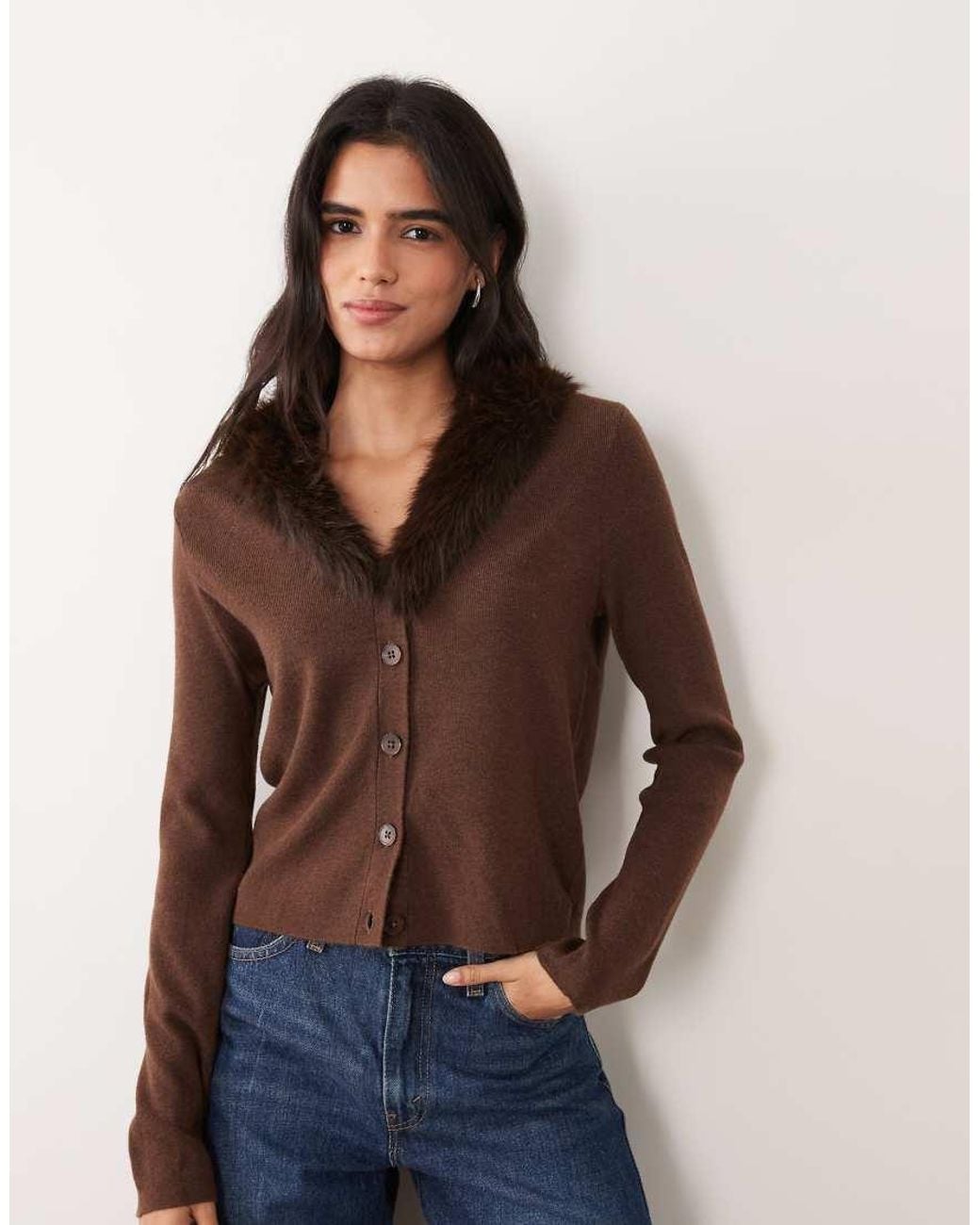 Pieces Brown Fur Trim Knitted Cardigan