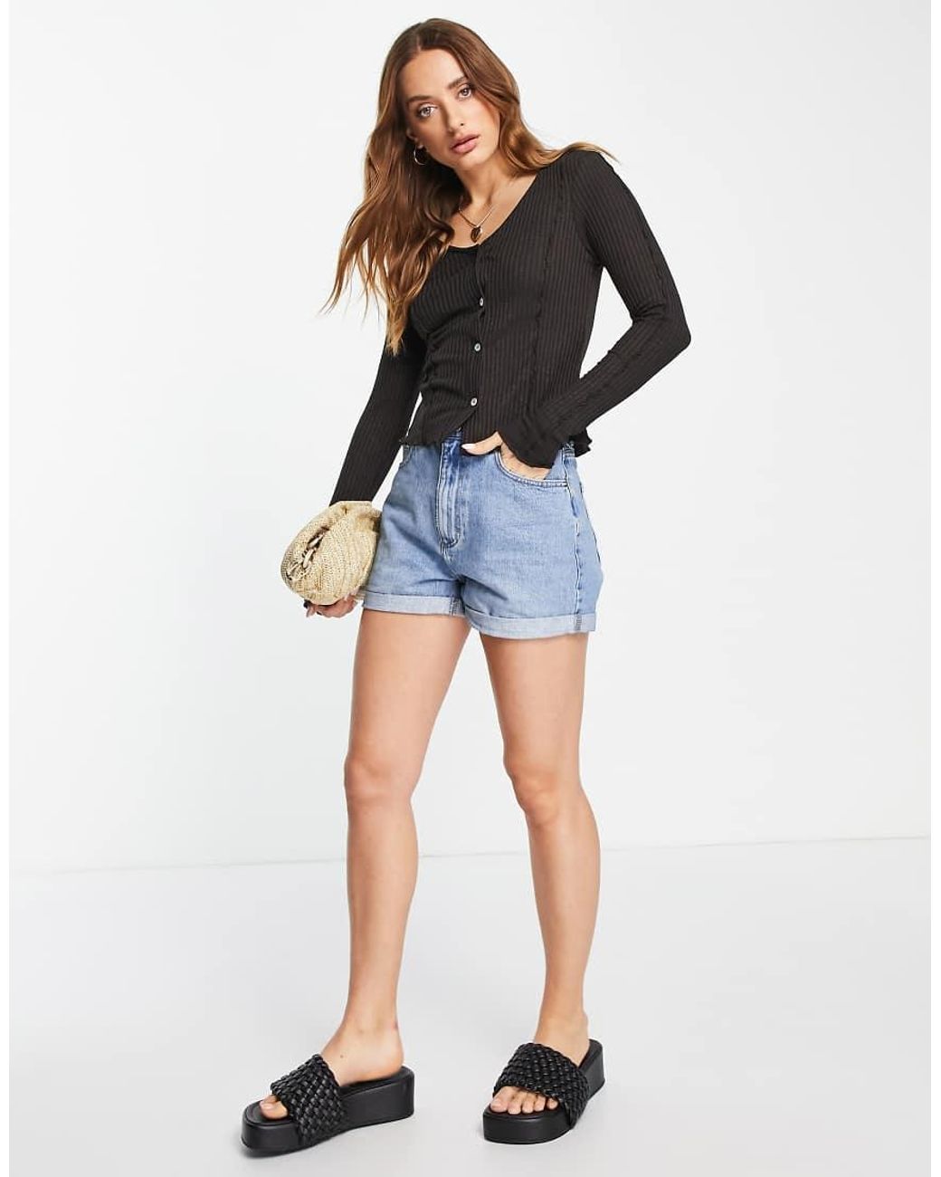 Mango Black Lettuce Edge Button Front Top