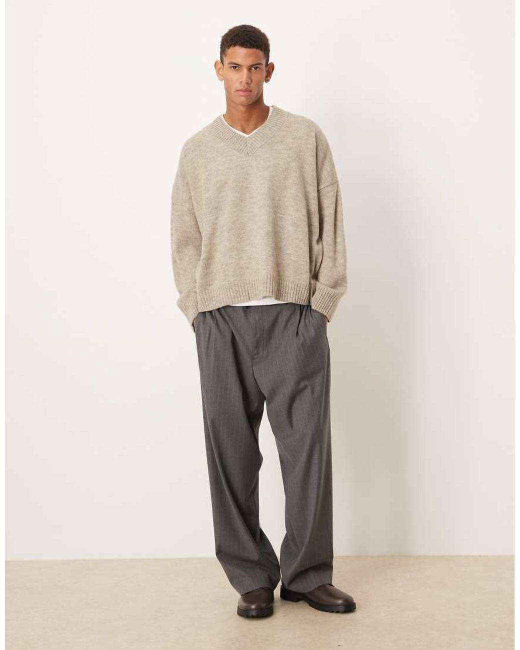 ASOS Natural Super Oversized Boxy Fit Knitted V-neck Jumper for men