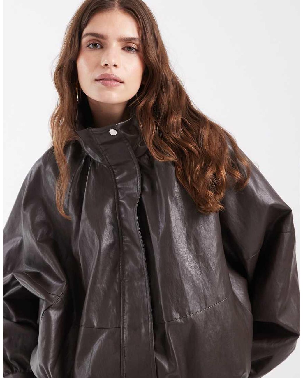 ONLY Brown Funnel Neck Faux Leather Bomber Jacket