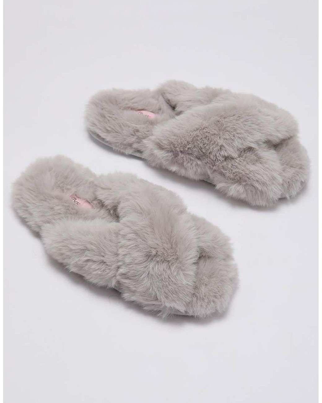 Boux Avenue Gray Cross Band Open Toe Soft Plush Loungewear Slider Slippers
