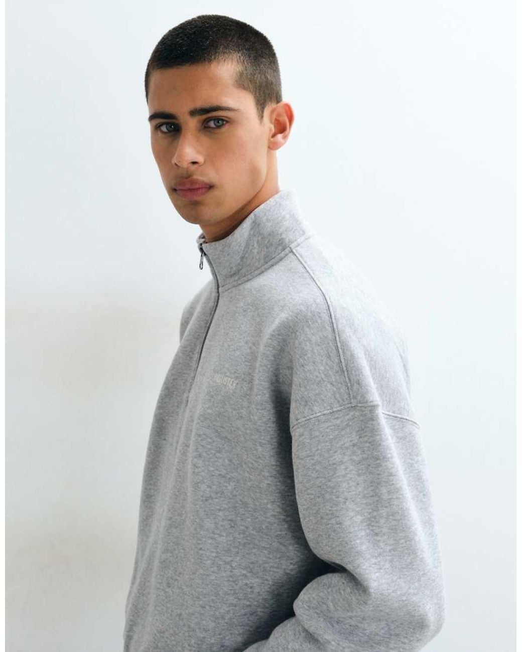 Hollister Gray 1/4 Zip Sweatshirt With Minimal Logo for men