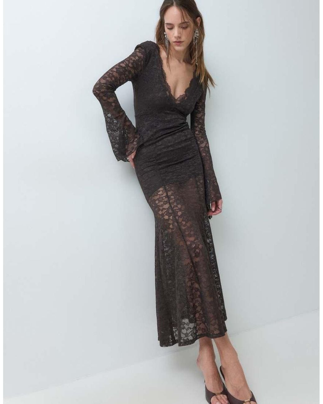 Monki Black Long Sleeve Fishtail Maxi Dress With Sheer Skirt