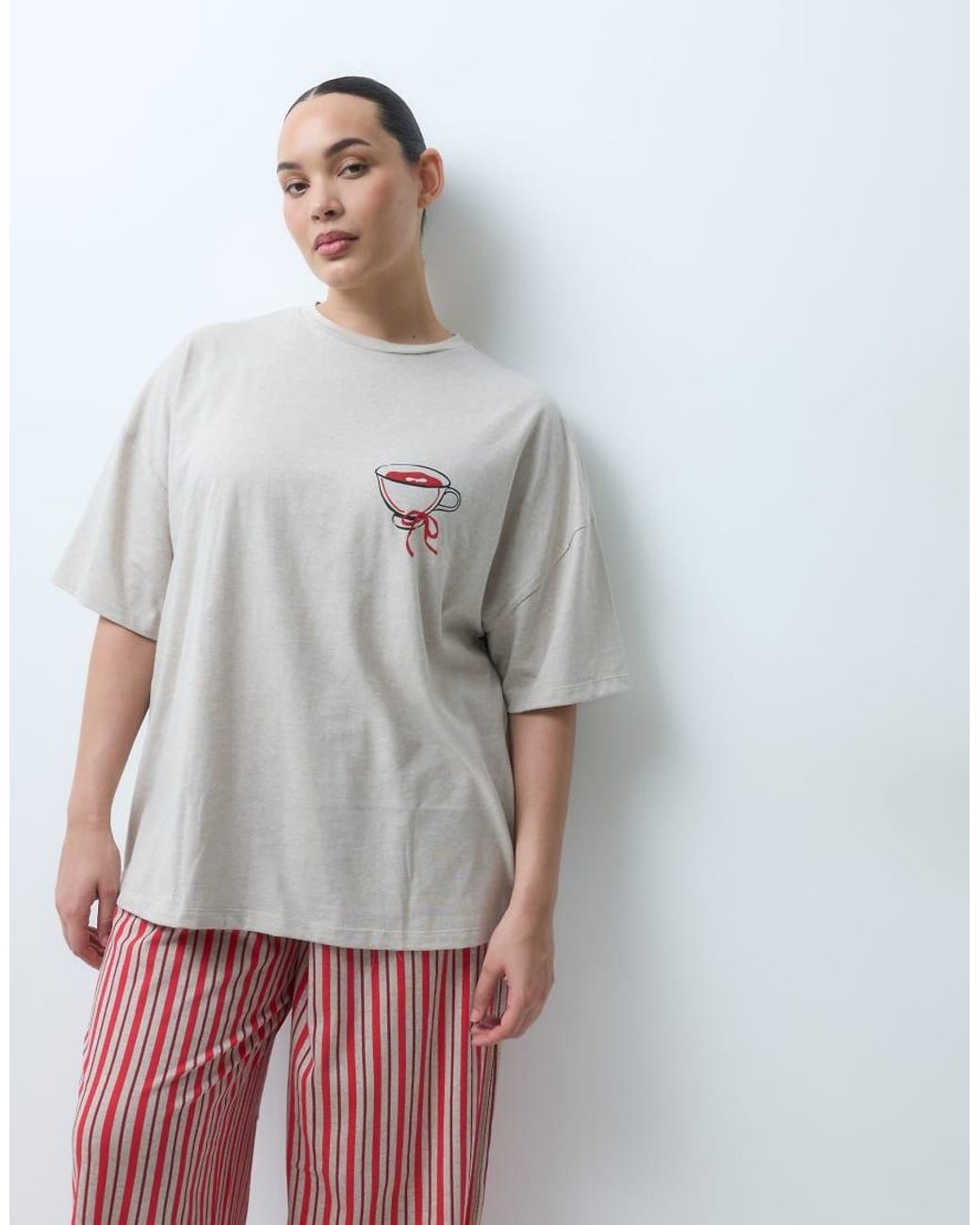 ASOS Red Asos Design Curve Oversized Tee And Wide Leg Pyjama Set With Tea Graphic