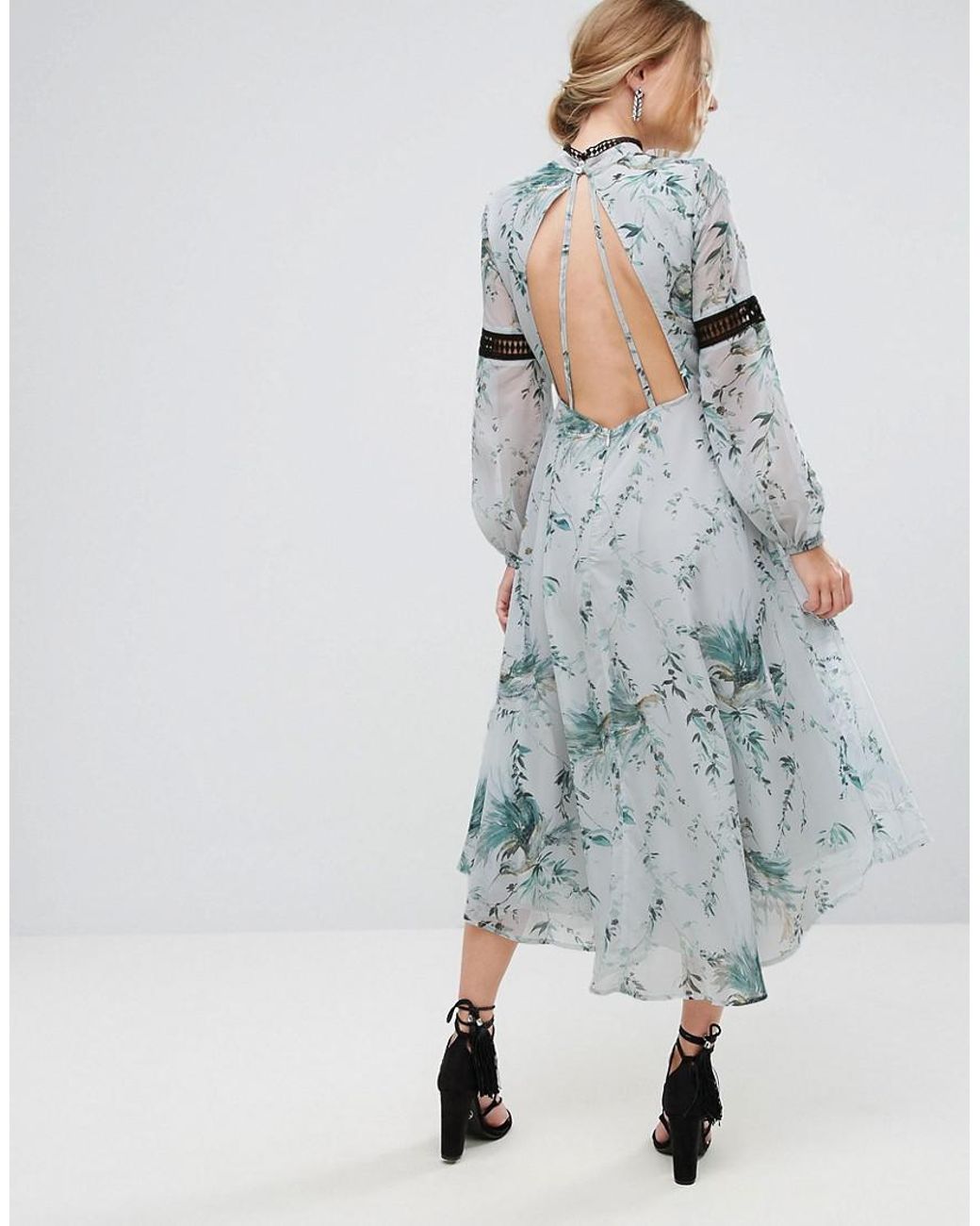 Hope & ivy high neck midi dress with open back in blue floral hotsell