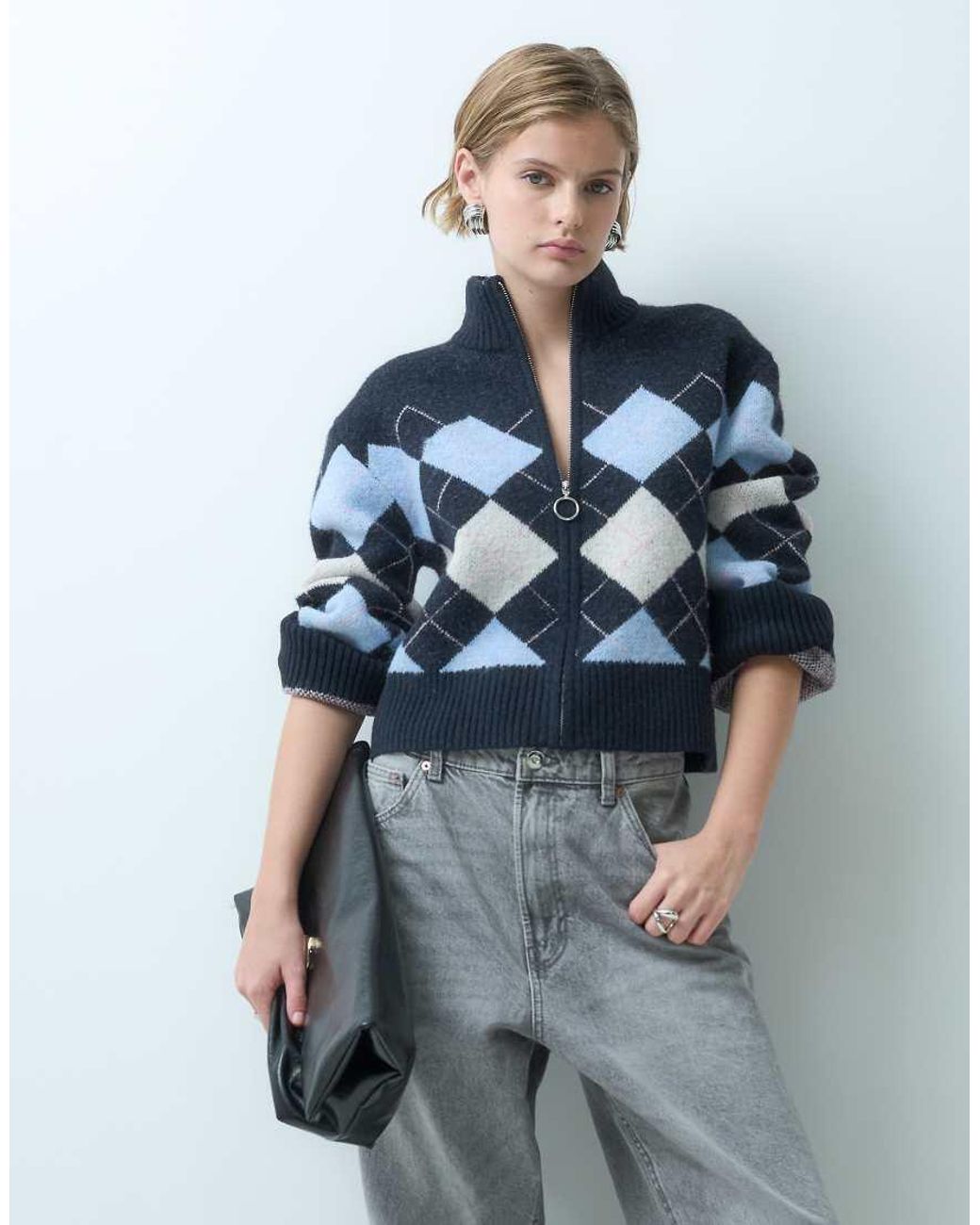 Miss Selfridge Multicolor Zip Funnel Neck Argyle Cardigan