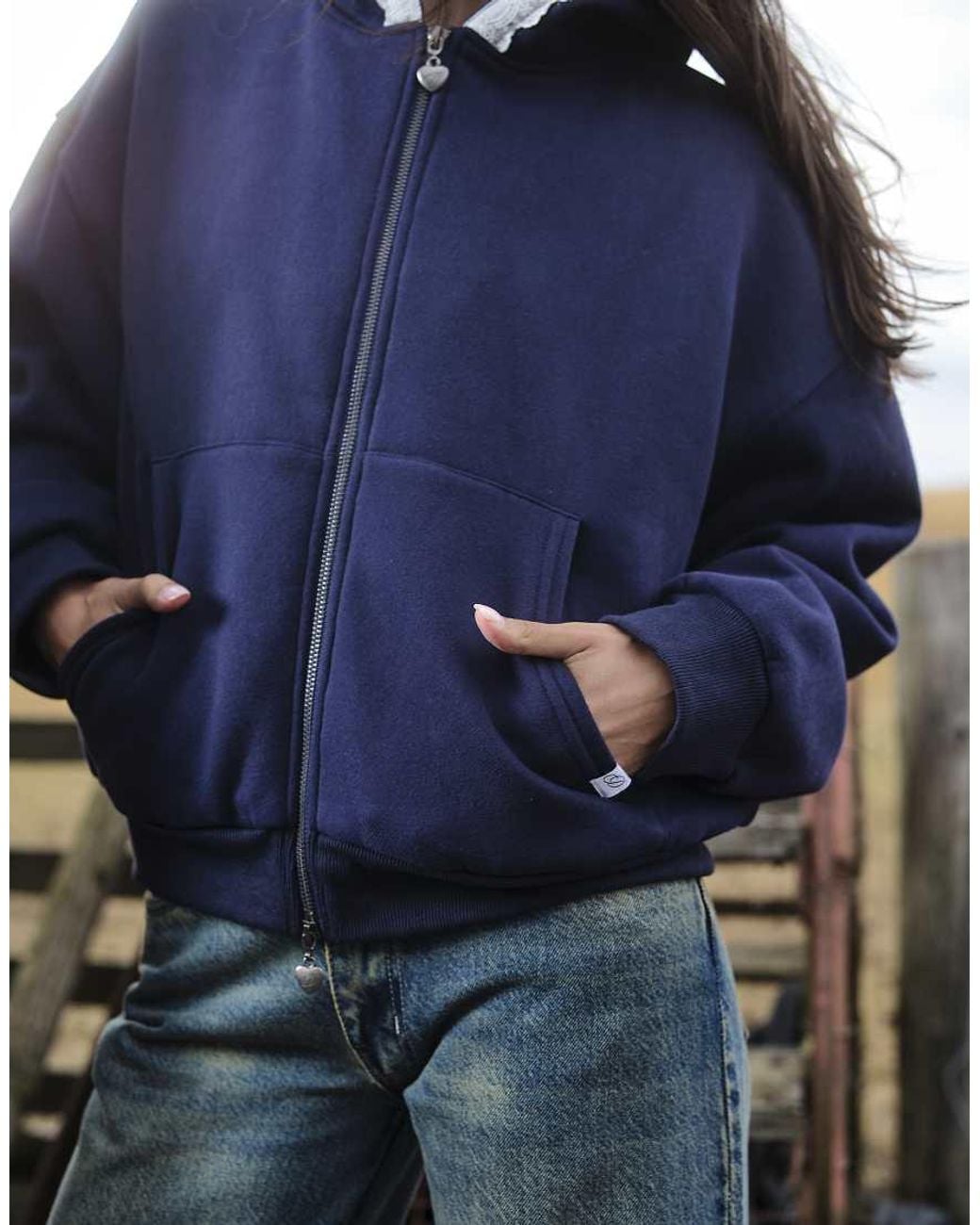 Daisy Street Blue T Zip Up Boxy Hoodie With Broderie Hood Trim