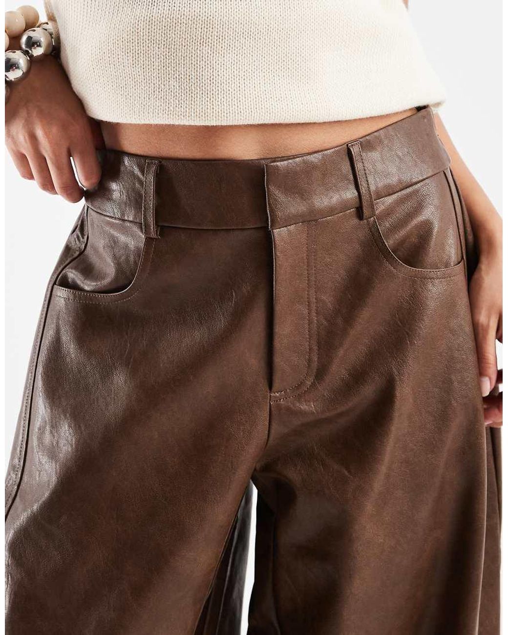 ASOS Brown Petite Tailored Faux Leather Barrel Trousers