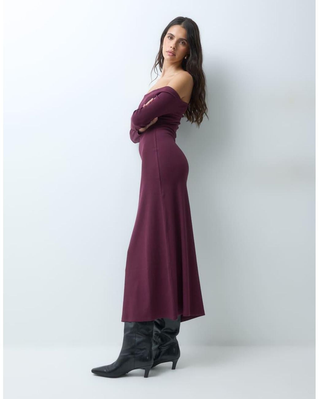 ASOS Purple Off Shoulder Rib Midi Dress