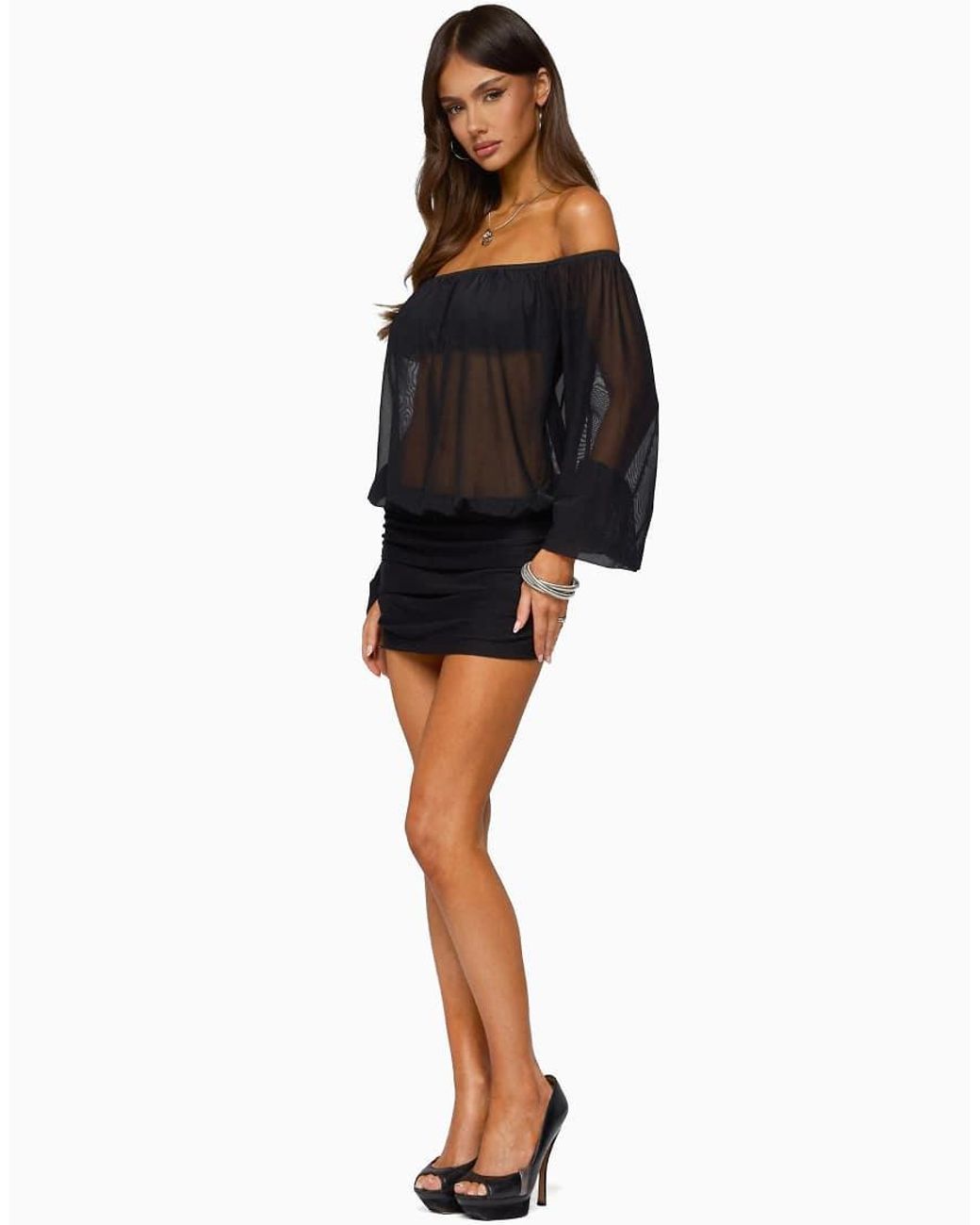 Edikted Black Jorie Sheer Mesh Off Shoulder Bubble Dress