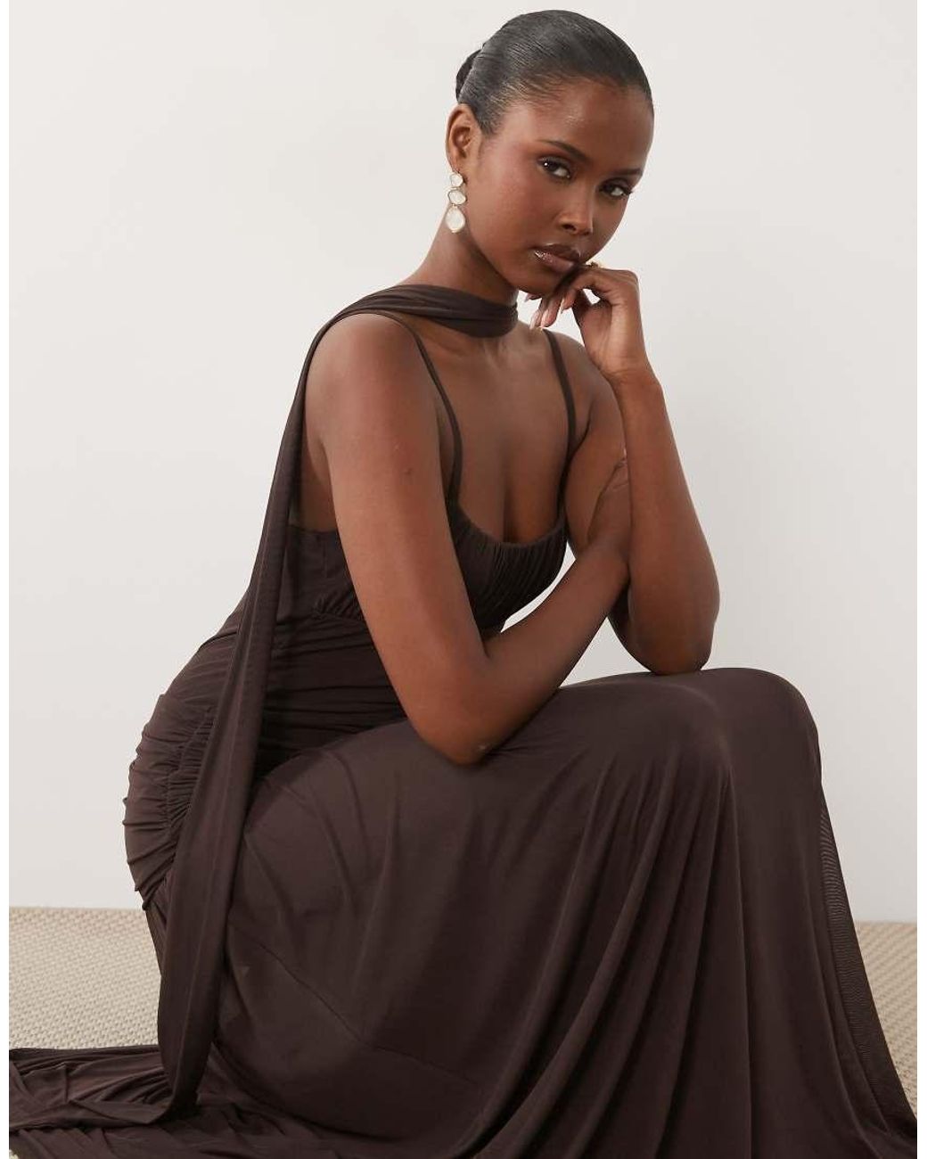 ASOS Brown Ruched Bust Mesh Maxi Dress With Scarf Detail