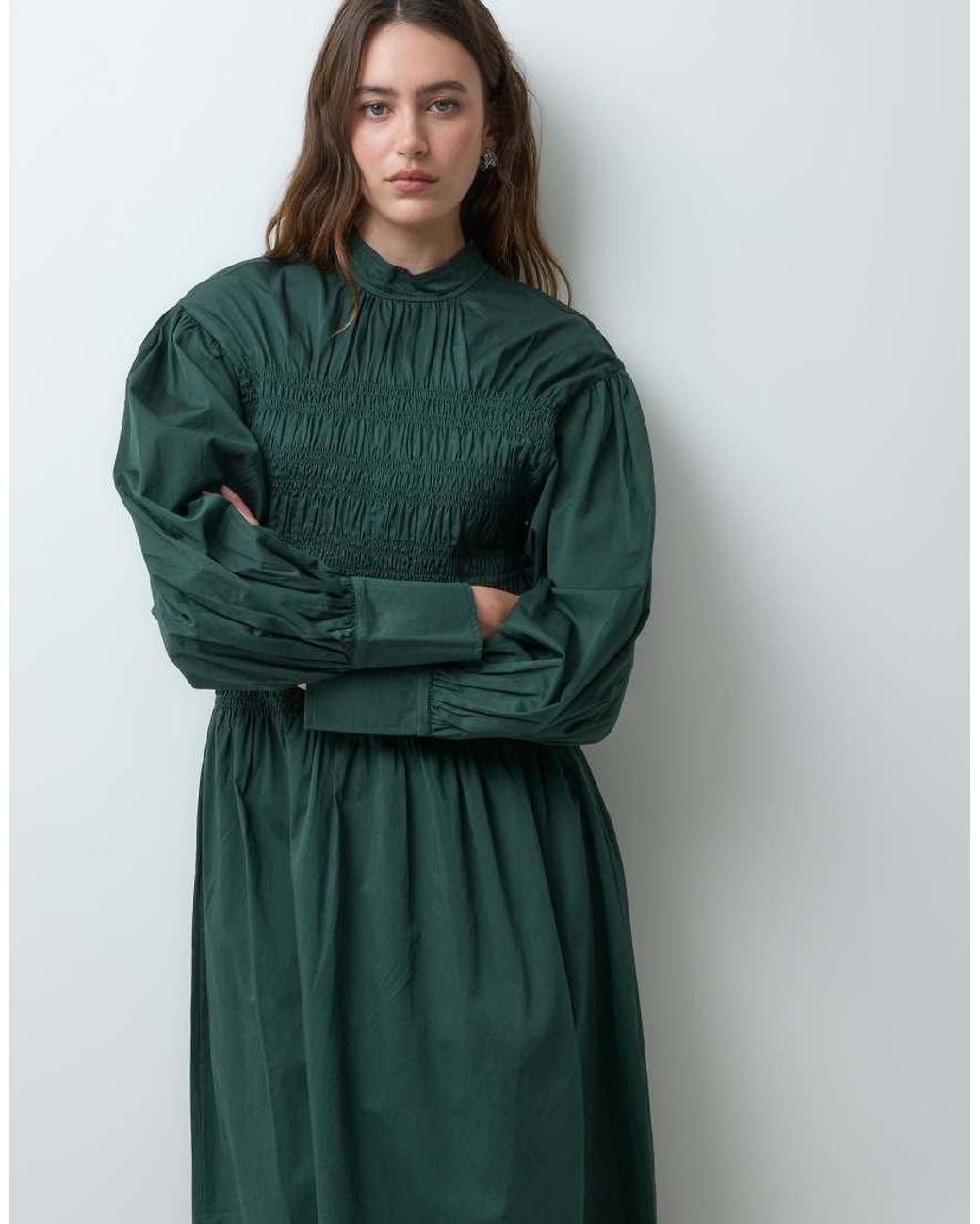 Muse Assembly Green Long Sleeve Shirred Rina Maxi Dress
