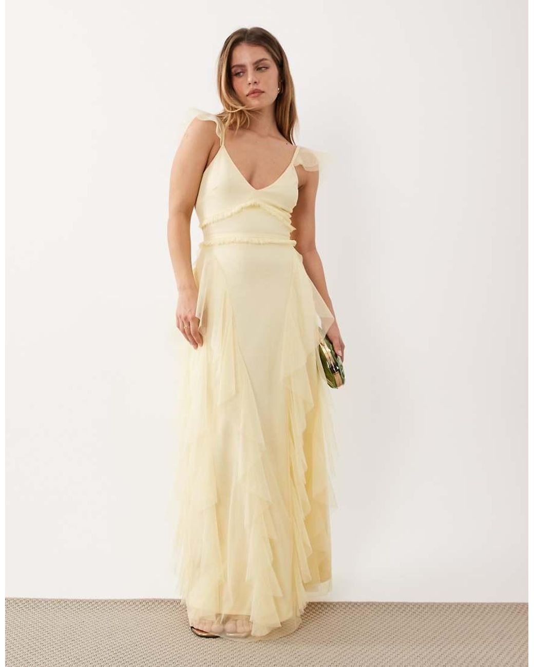 LACE & BEADS Natural Tulle Flutter Sleeve Ruffle Maxi Dress