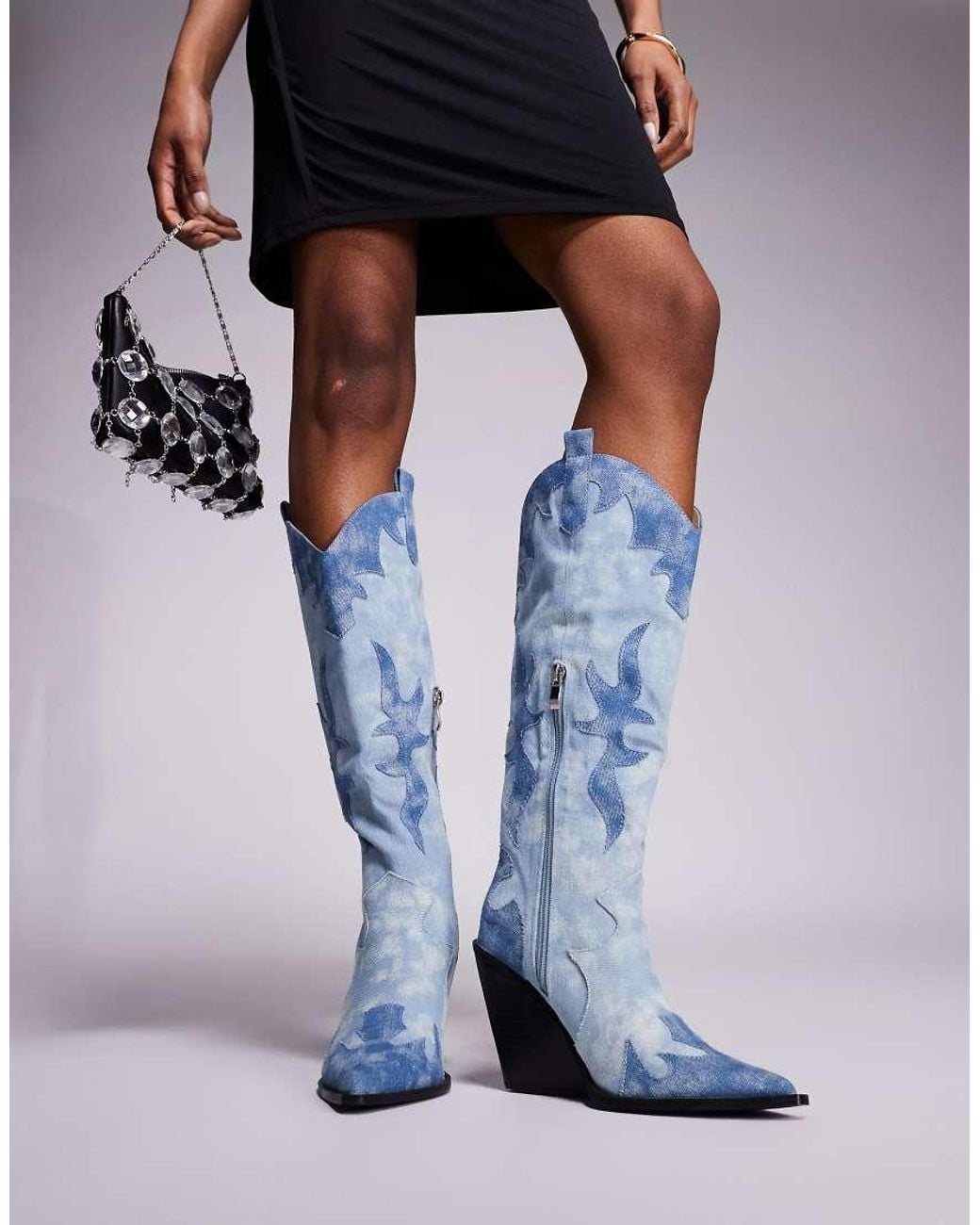 Public Desire Blue Underwood Western Cowboy Block Heel Knee High Boots