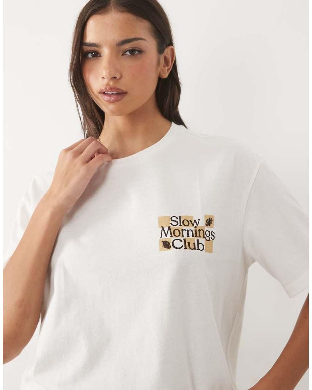 ASOS White Oversized Tee And Check Wide Leg Pant Pyjama Set With Slow Mornings Graphic