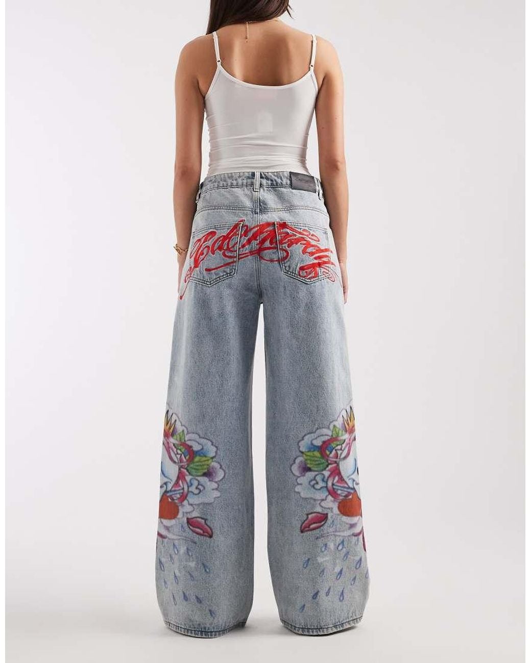 Ed Hardy Blue Cherry Skull Side Print Jeans