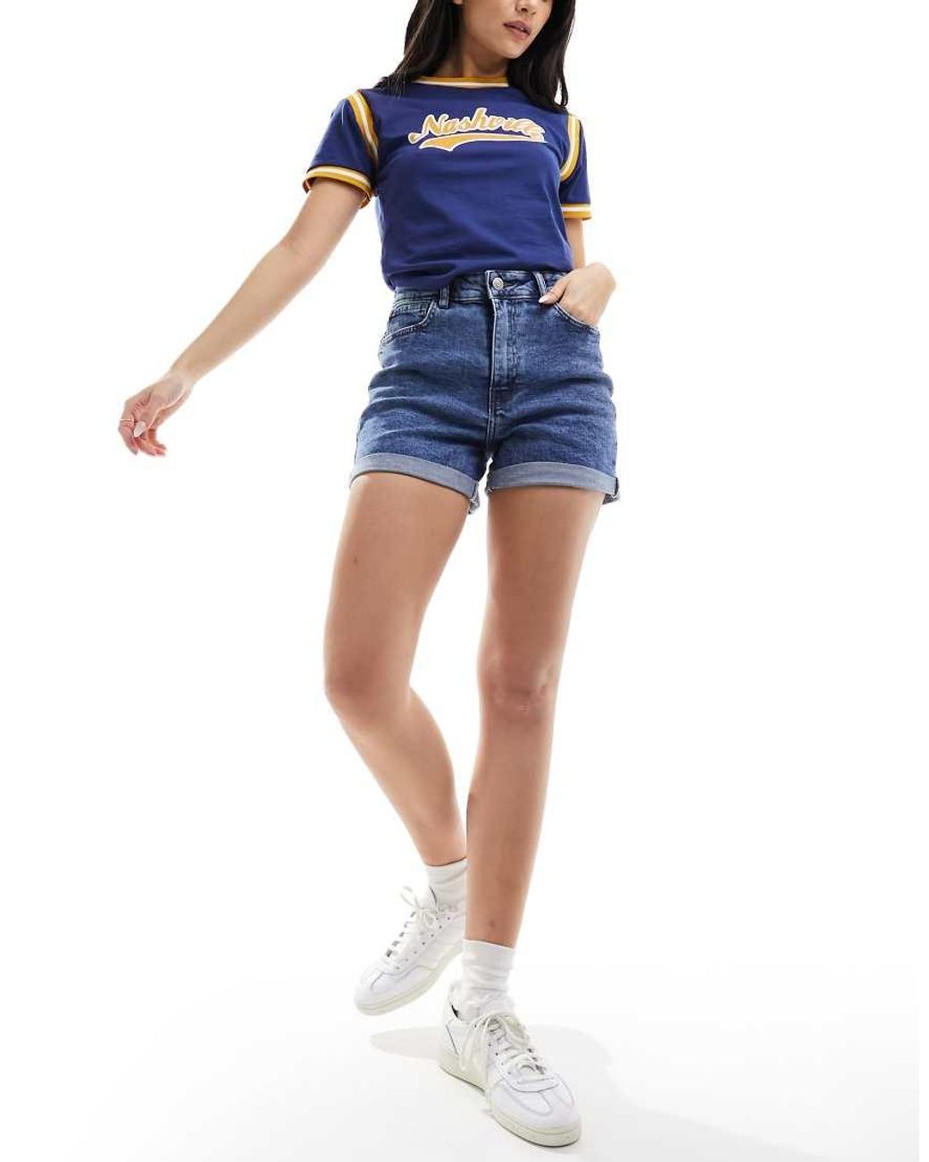 Noisy May Blue Moni High Waisted Turn Up Hem Denim Short