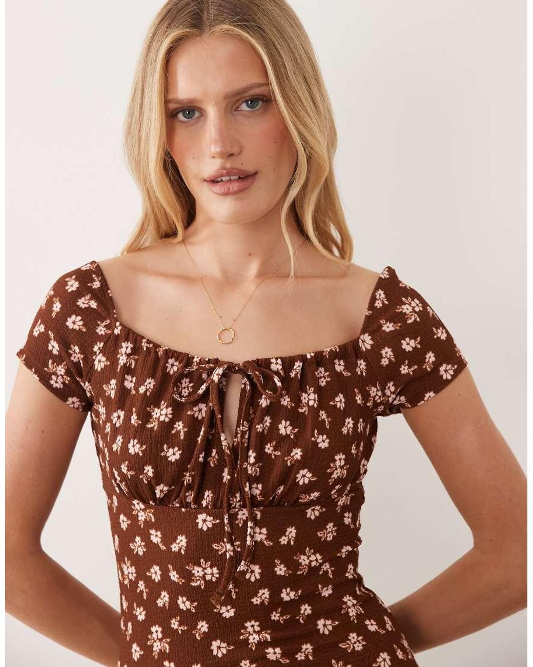 Wednesday's Girl Brown Wednesdays Girl Jersey Milkmaid Short Sleeve Mini Dress