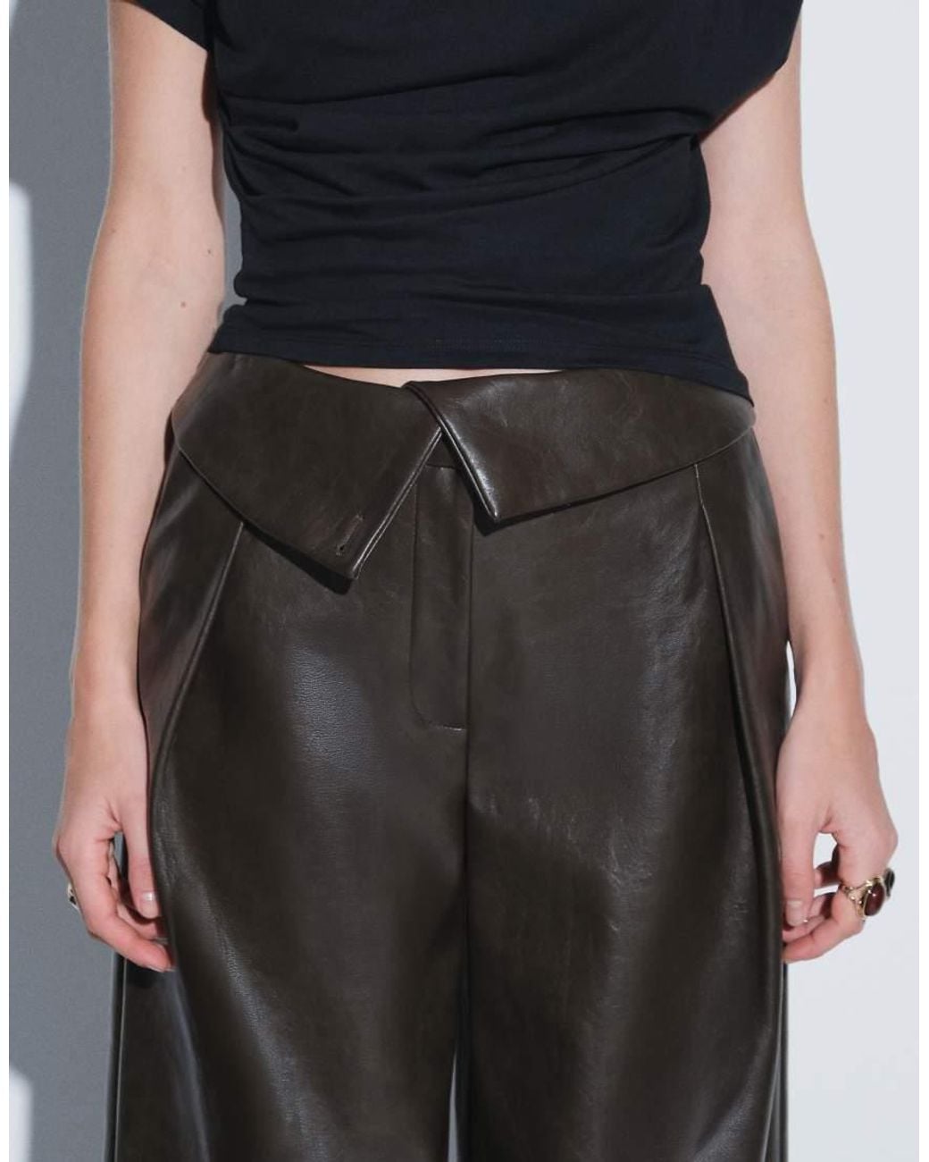 ASOS Blue Tailored Faux Leather Wide Leg Fold Over Waist Trousers