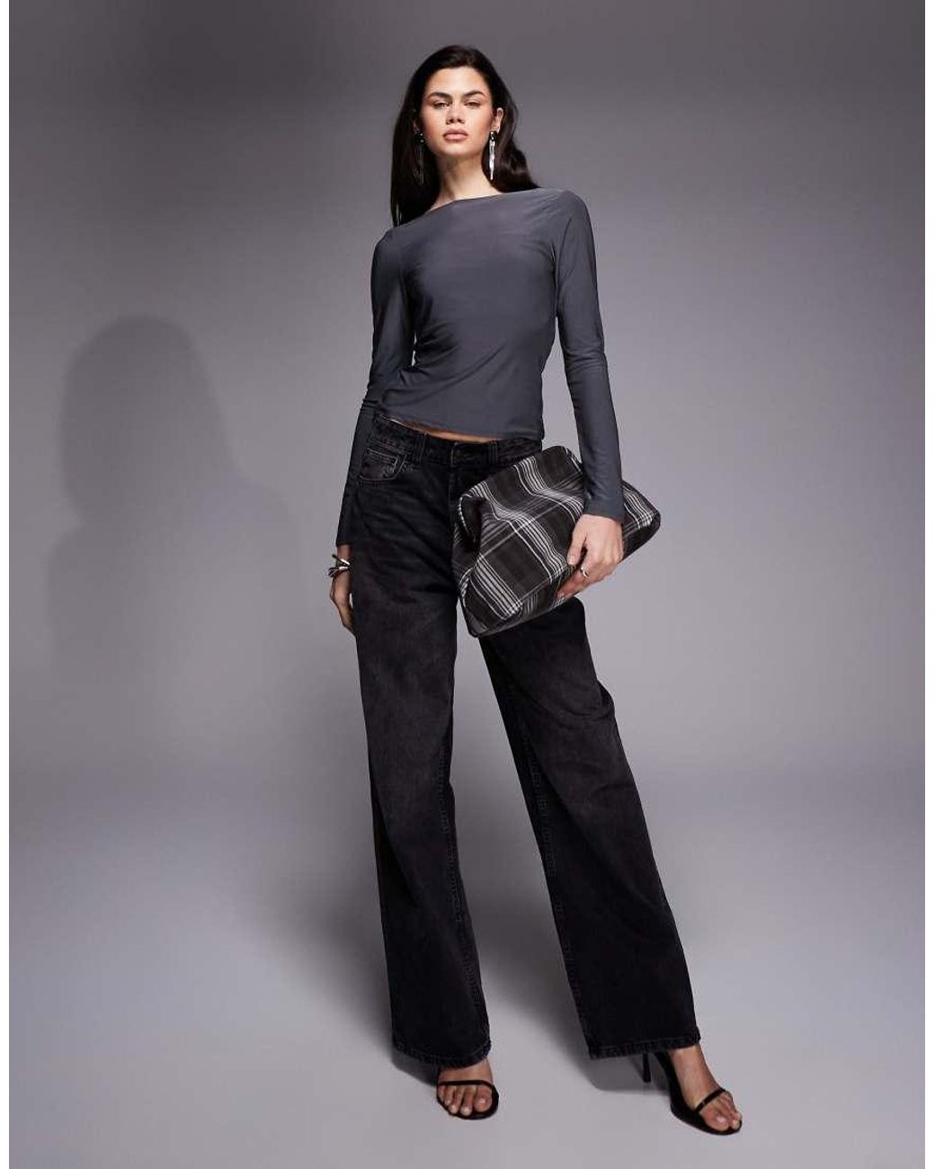 ASOS Gray Slinky Draped Back Long Sleeve Top