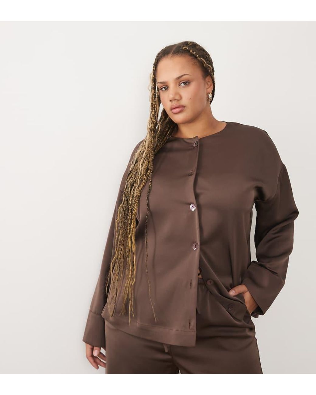 Pretty Lavish Curve Brown Breya Satin Button Through Deep Cuff Blouse Co-Ord